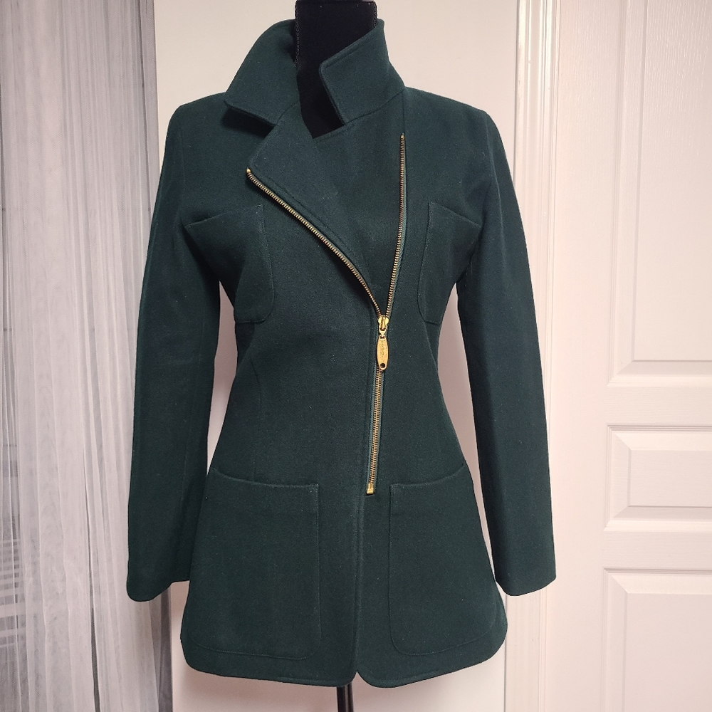 Armani Jeans Dark Green Asymmetrical Zip Wool Blend Jacket with Gold Hardware - Picture 9 of 9